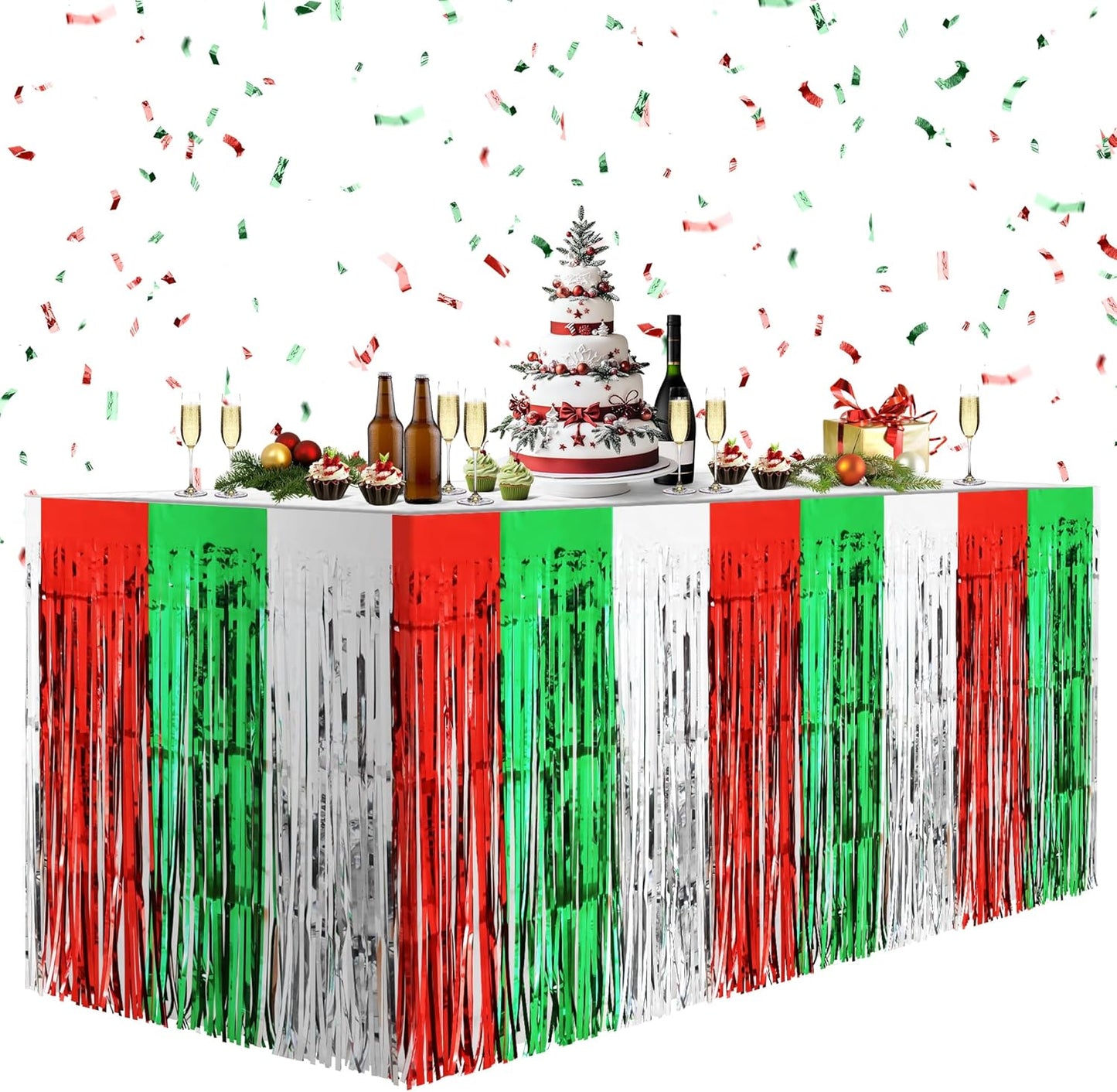 2 Pack Christmas Table Skirts, 29x108" Red & Silver & Green Metallic Foil Tinsel Fringe Table Skirts for Rectangle Tables Streamer Curtain Backdrop, Party Decoration for Xmas Birthday Wedding Holiday