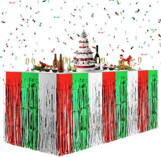 2 Pack Christmas Table Skirts, 29x108" Red & Silver & Green Metallic Foil Tinsel Fringe Table Skirts for Rectangle Tables Streamer Curtain Backdrop, Party Decoration for Xmas Birthday Wedding Holiday