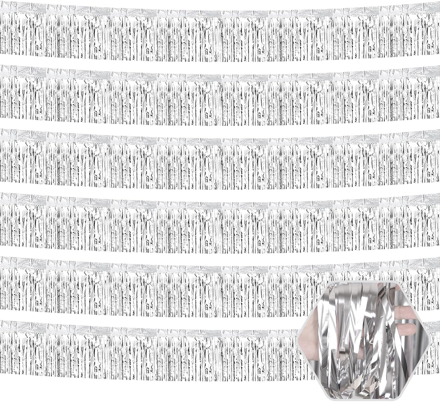 6 Pack 10 Feet Silver Foil Fringe Garland Metallic Tinsel Streamers Banner Wall Hanging Curtain Backdrop for Parade Floats, Birthday, Graduate, Mother's Day, Wedding Party Decoration