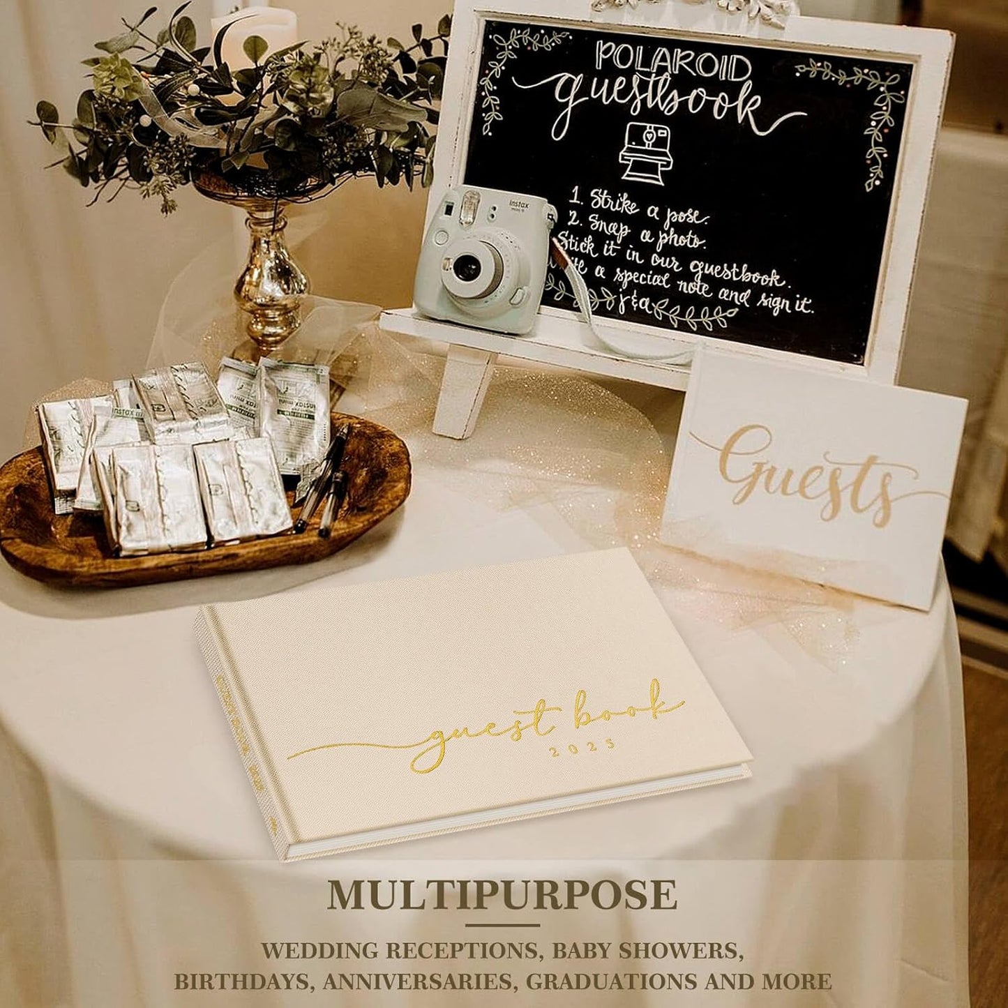 Lanpn Wedding Guest Book 2025 - Linen Hardcover Polaroid Guestbook Wedding Reception with 108 Blank Pages for Sign in and Photos - Guest Book for Wedding Bridal Shower Baby Shower Party (Beige)