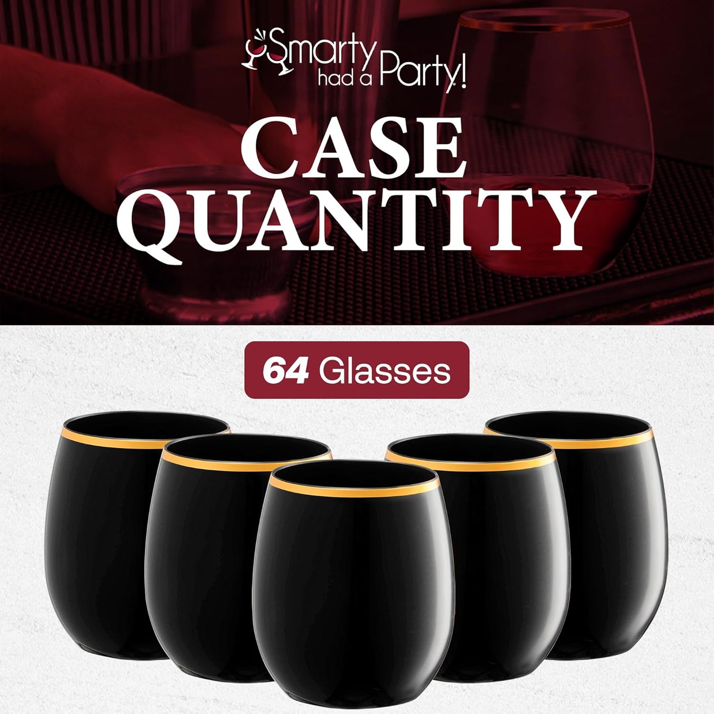 Smarty Had A Party 12 oz Wine Glasses Pack of 64 Black with Gold Stemless Unbreakable Plastic Glasses, Disposable or Reusable for Parties, Weddings, and Events