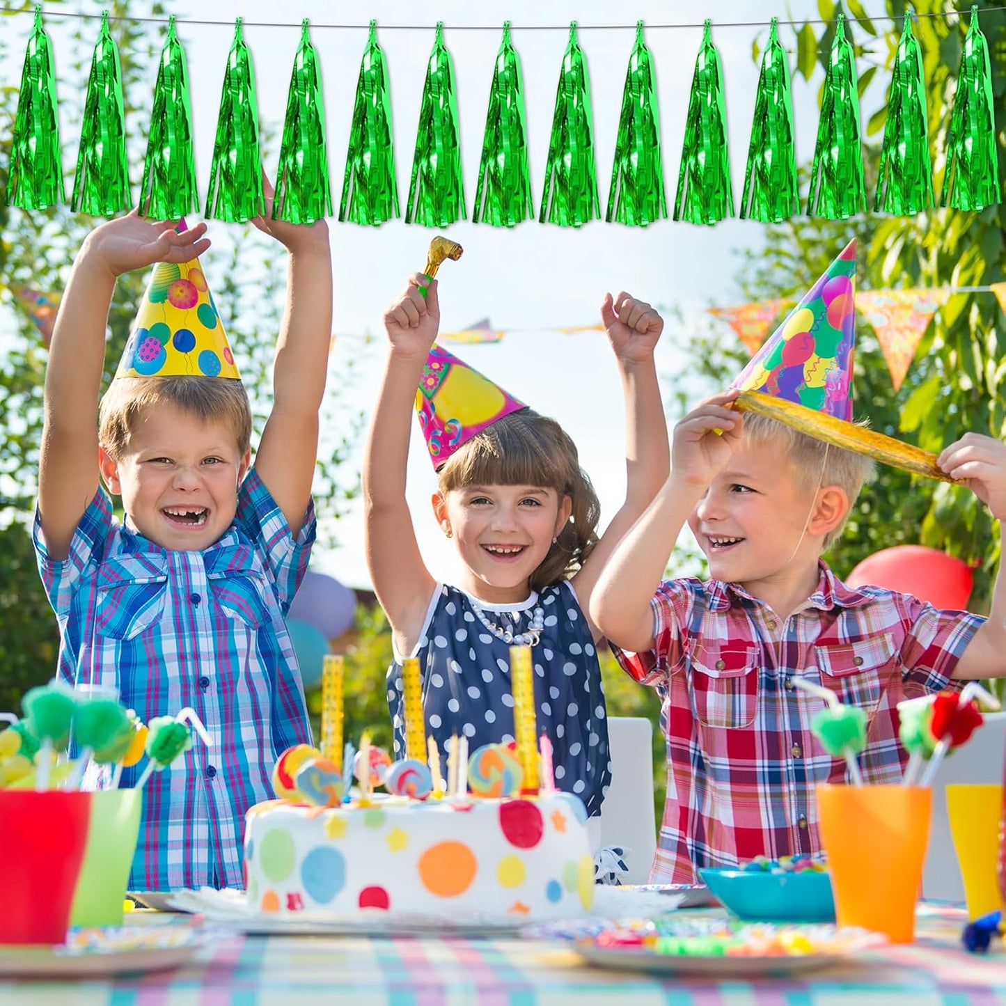 6P Green Foil Fringe Metallic Tassel Streamers Banner Tassel Garland for Parade Floats, Bachelorette, Wedding, Birthday, Graduation, Christmas, Bridal/Baby Shower Party Decorations