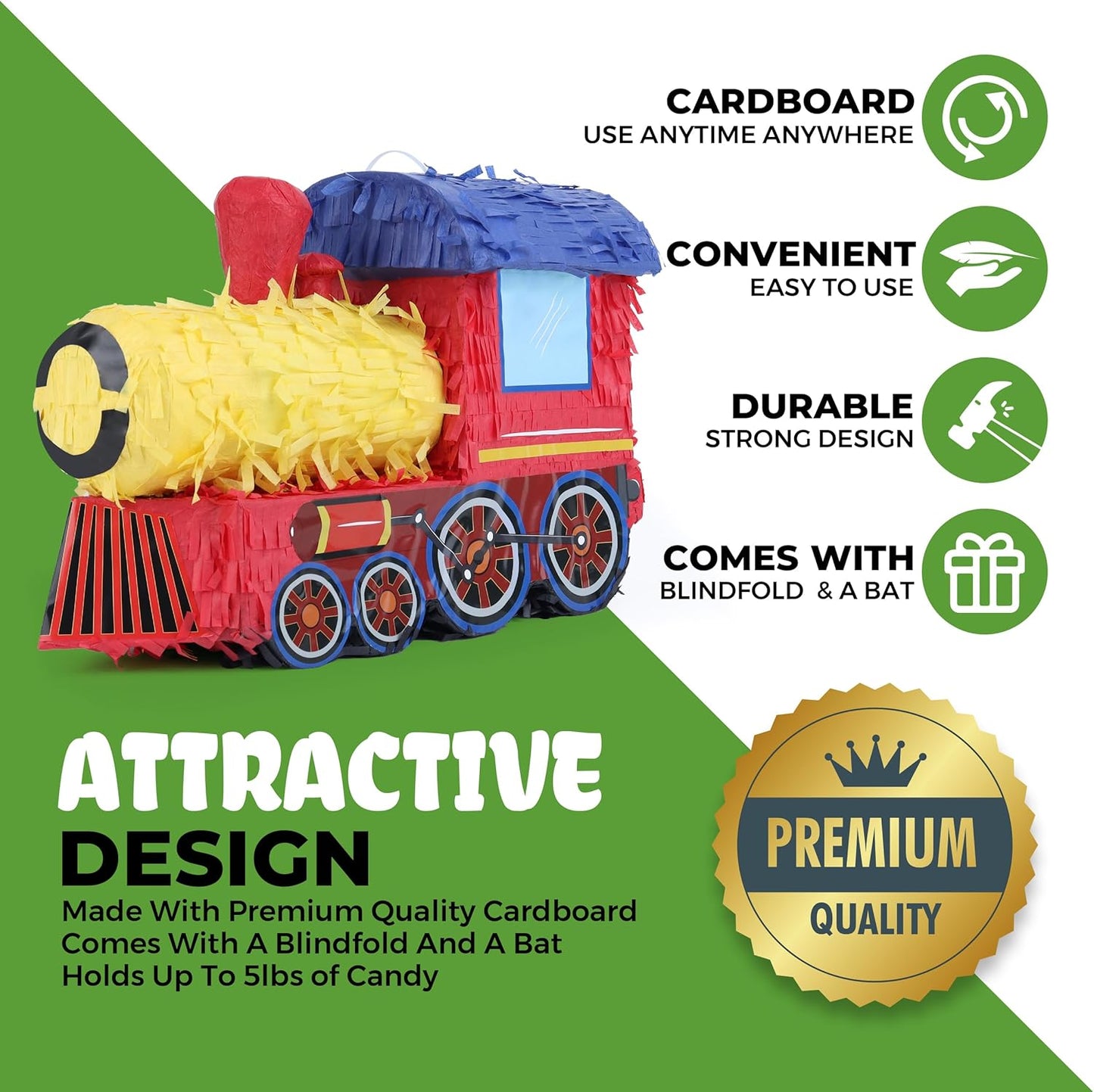 3D Train Pinata Bundle with a Blindfold and Bat (16x10.6x6.7 Inches), Train Pinata for Boys Birthday Party Supplies, Perfect for Birthday Party, Train Theme Party, Decoration