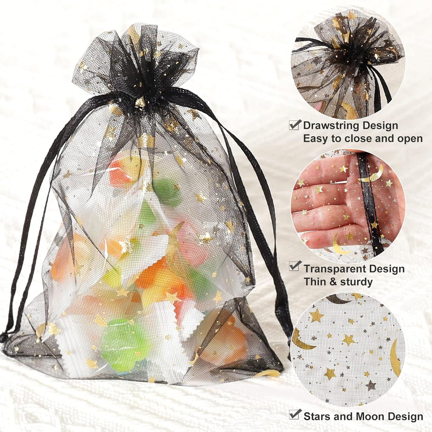 100PCS Moon Star Organza Bags - 4x6" Wedding Favors with Drawstring, Black Organza Gift Pouch for Jewelry, Wedding, Valentine's Day, Christmas, Eid Mubarak Party Favor Bags