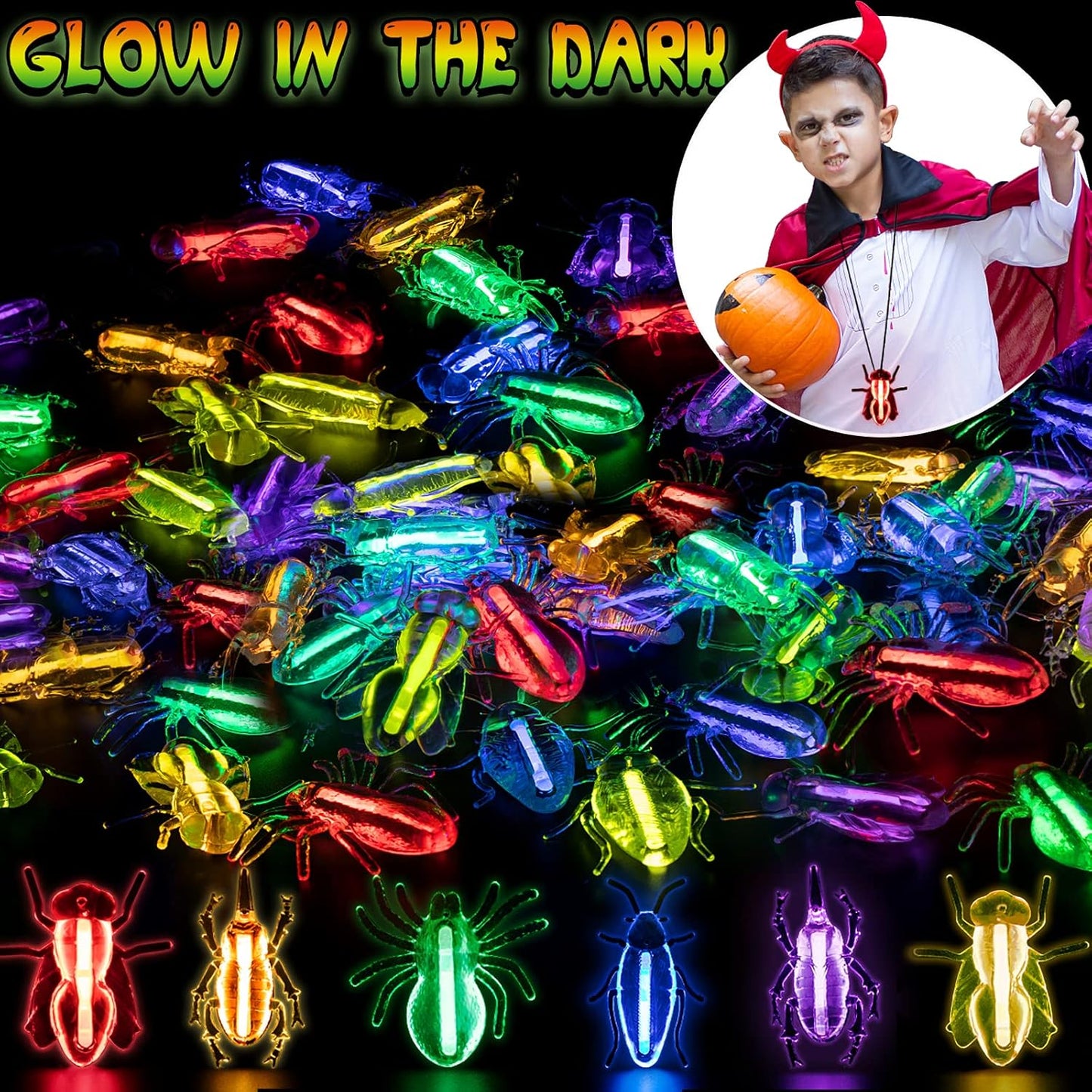 82 Pcs Glow Critters For Halloween Party Favor, Include Glow Bugs and Mini Glow Sticks, Glow in the Dark Party Toys Set for Kids, Trick or Treating Goodie Supplies, School Classroom Game Prizes