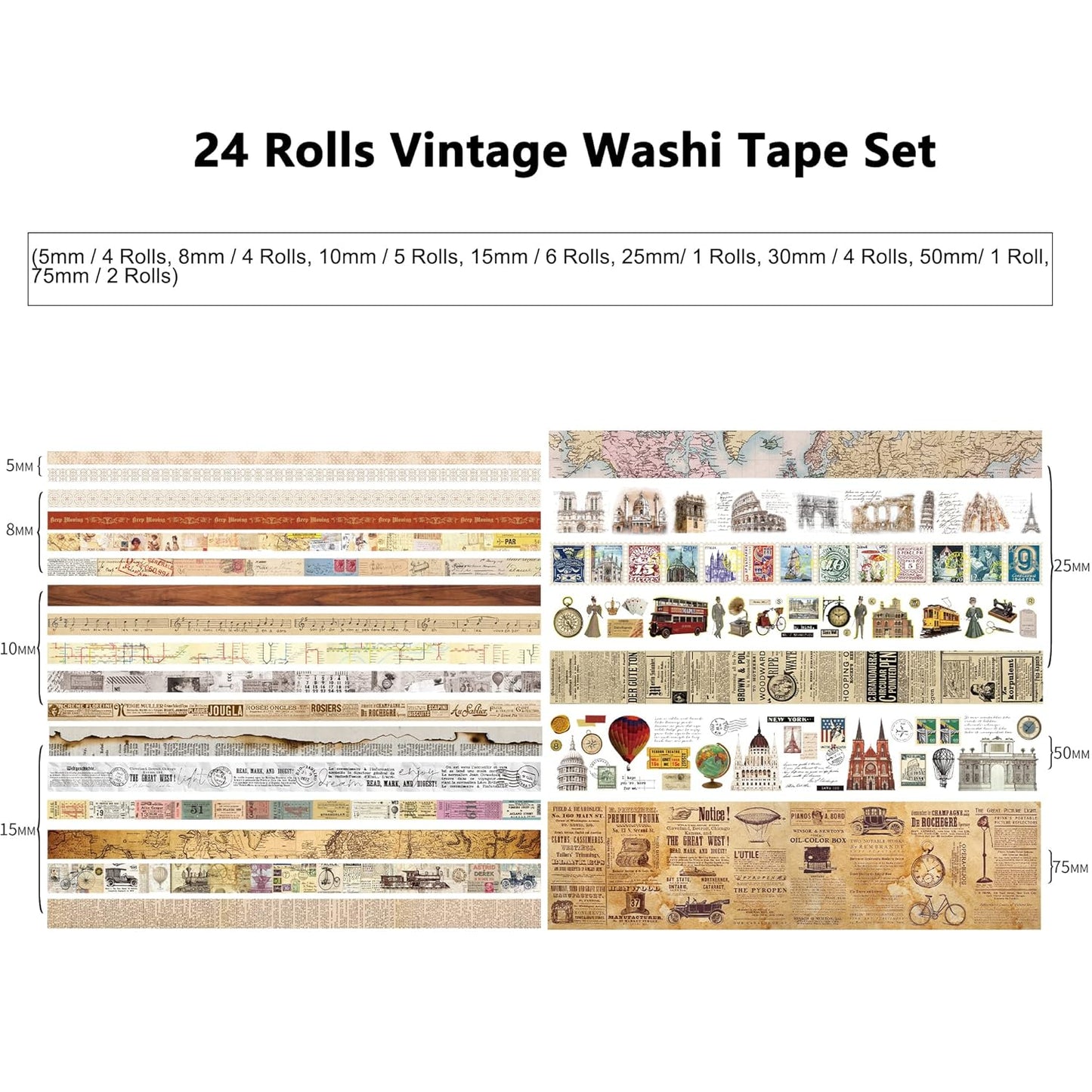 24 Rolls Vintage Washi Tape Set, Antique Car Buildings Map Stamp Stripe Writable Aesthetic Washy Decorative Tapes for Scrapbooking, Junk Journal Supplies, Bullet Journaling 5-75mm Wide (3m Long)/Roll