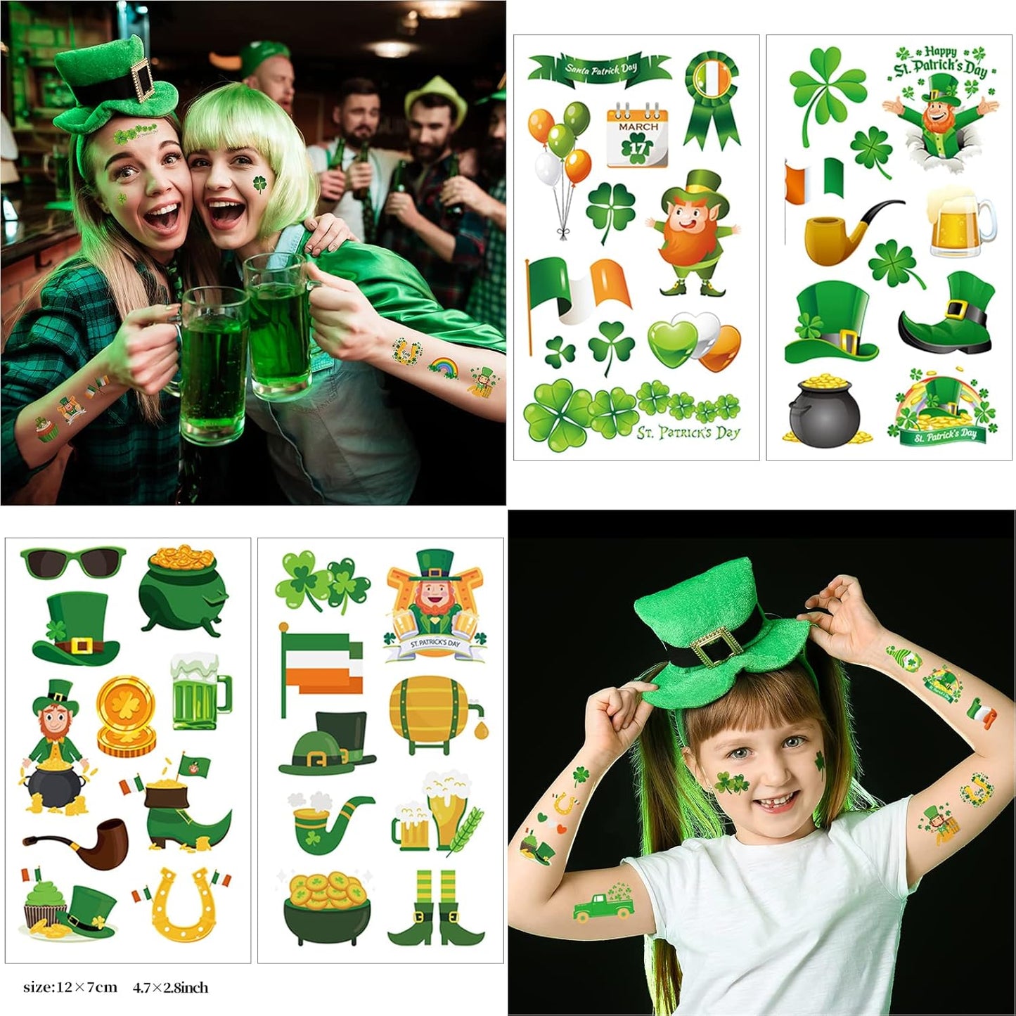 140+ Pcs St Patricks Day Tattoos, 34 Sheets Unique St. Patrick's Day Tattoos Stickers, Shamrock Green Temporary Tattoos, Lucky Clover Tattoos for Kids Party Favors Accessories Irish Party