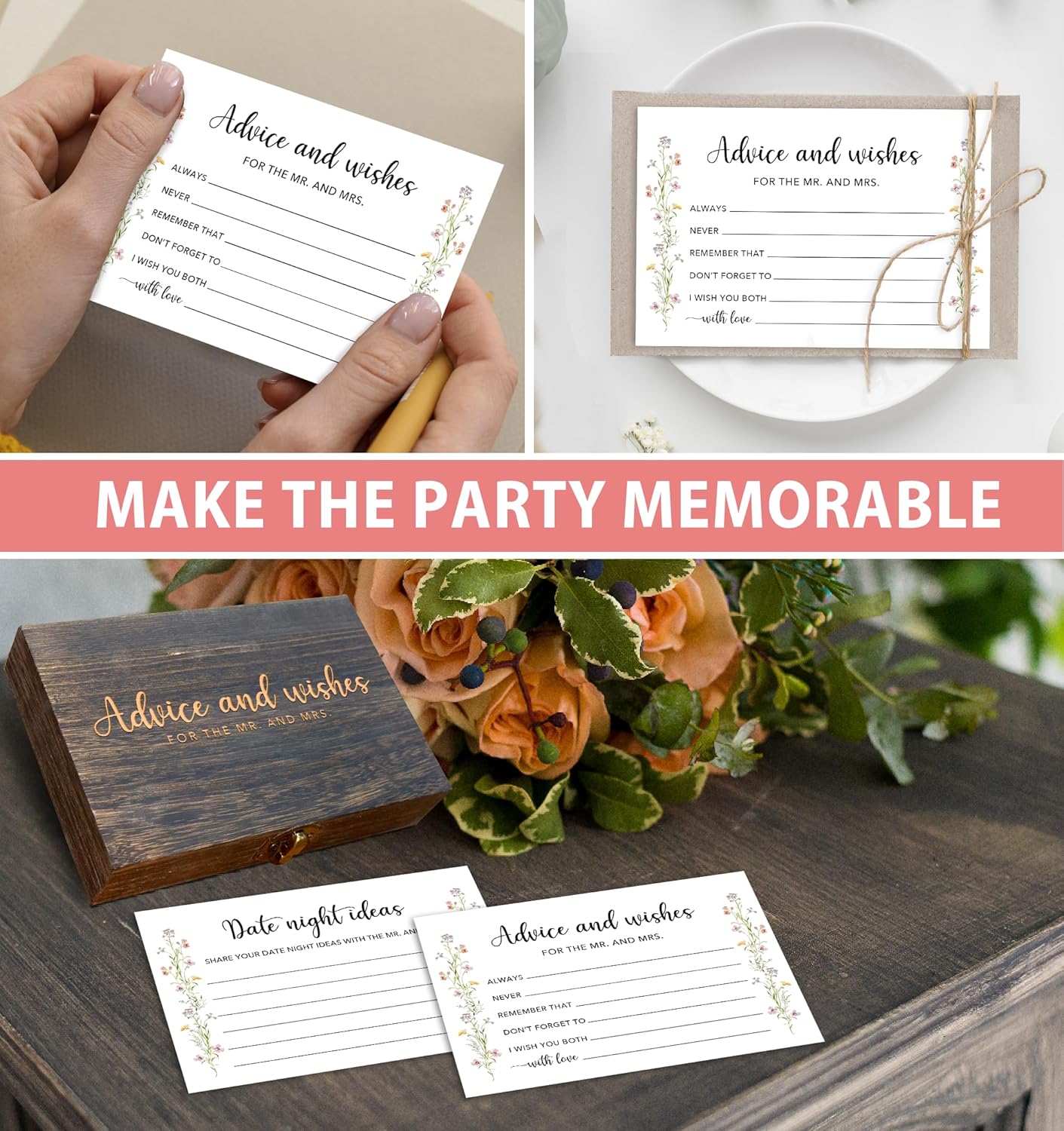 Advice and Wishes for the Mr and Mrs Box - 50 Pcs Wedding Advice Cards Bridal Shower Game Cards Reception Guest Book for Bride Groom Newlywed Engagement Party Decoration(Wildflower) -A04