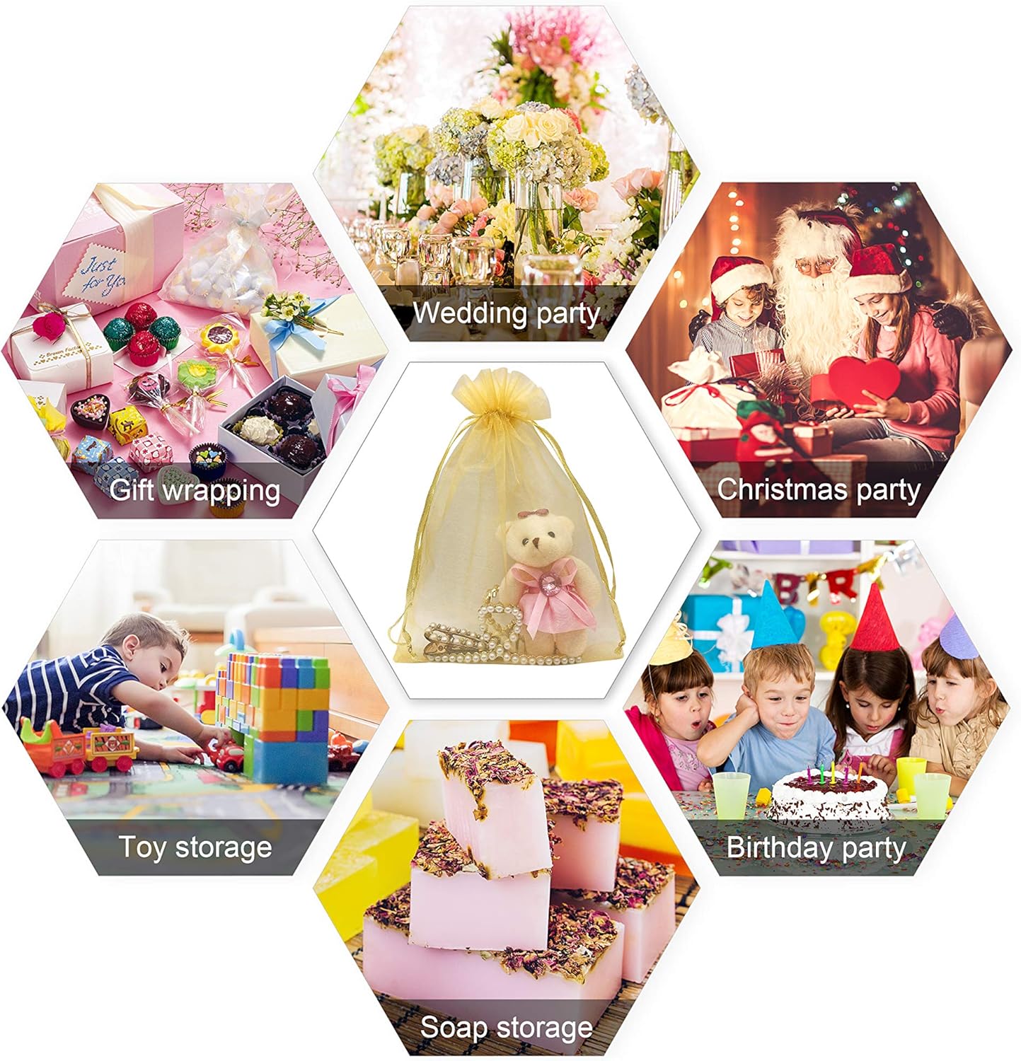 100pcs Gold Organza Gift Bags 6x9 Inch Mesh Drawstring Pouch Jewelry Bags for Wedding, Party, Birthday, Baby Shower