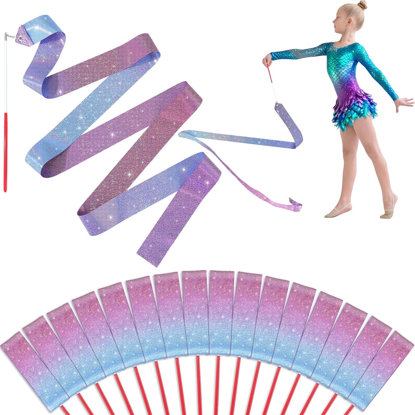 16 Pcs Sparkling Dance Ribbon for Kids Rhythmic Gymnastics Birthday Party Favors Twirling Streamer for Girl Princess Artistic Dancing Outdoor Game Supplies(Gradient Blue Purple)