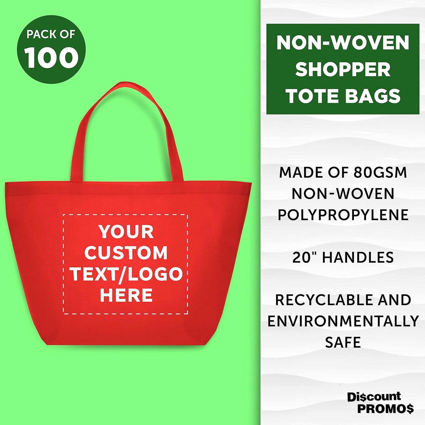 DISCOUNT PROMOS Custom Southern Style Grocery Tote Bags Set of 100 - Personalized Bulk Pack, Reusable Grocery & Shopping Bags - Great for Travel, Business Promotions, July 4th - Red - 20"X13"X8"