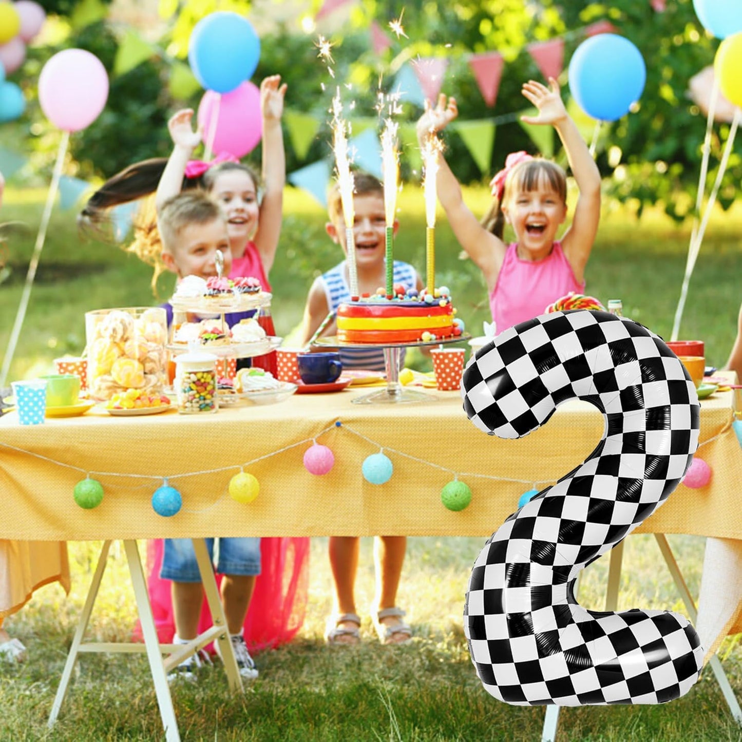 40 Inch Checkered Number Balloon - Race Flag Pattern Big Helium Balloon for Birthday Party Decorations - Black & White Balloon for Kids Adults Party Supplies (Racing Car, Number 2)