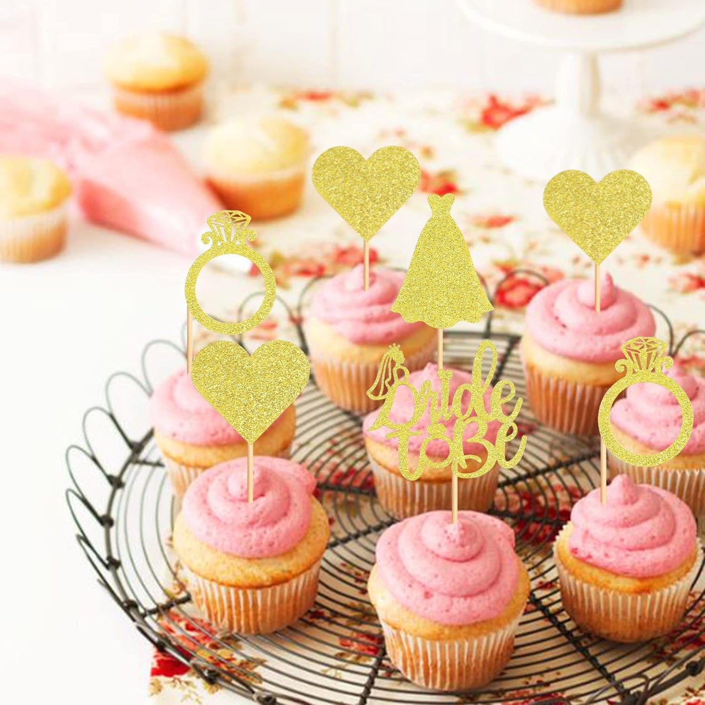 Pack of 24 Bride to Be Cupcake Toppers with Heart Ring Dress Bridal Shower Cupcake Picks Wedding Engagement Bachelorette Party Cake Decorations Supplies - Gold Glitter