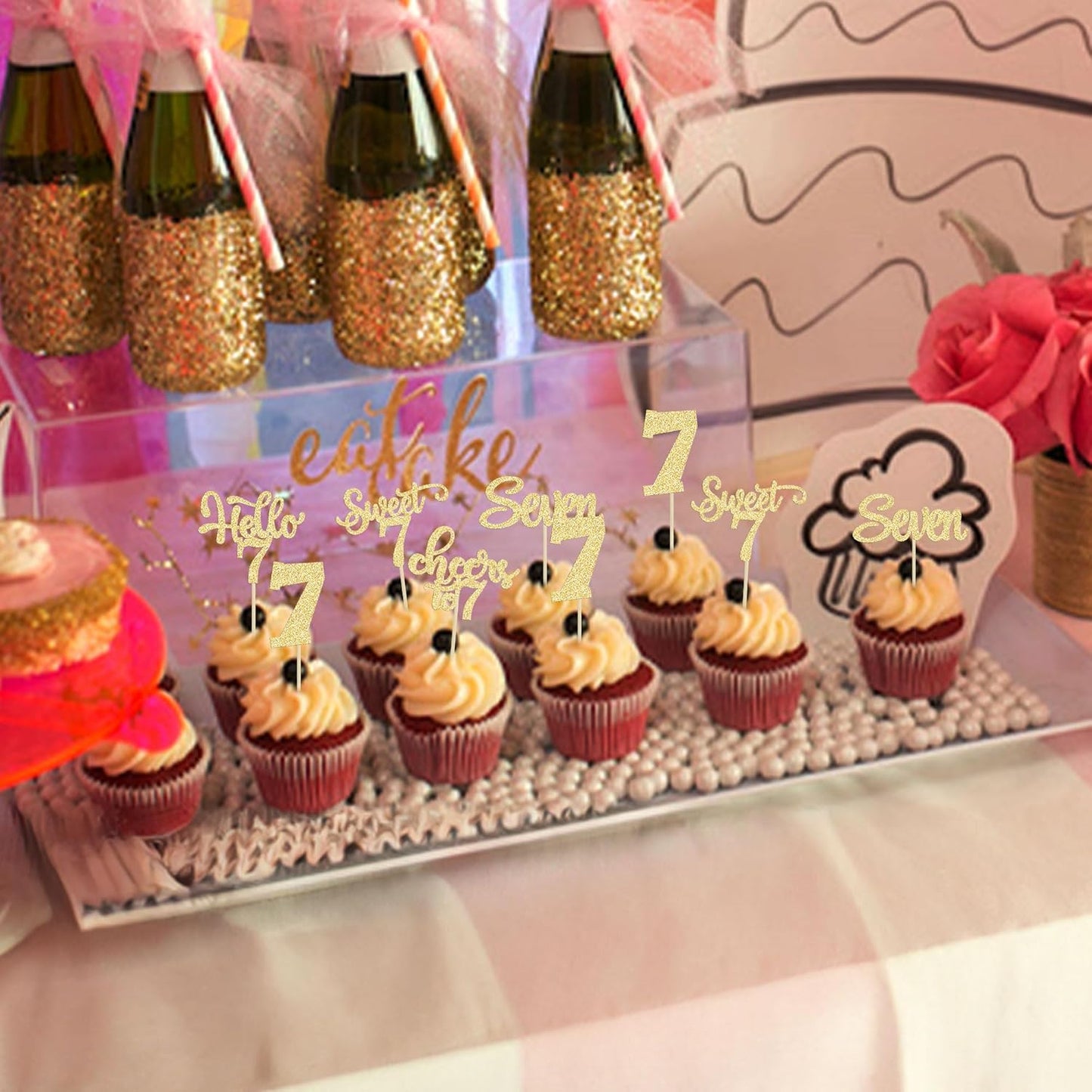 30Pcs 7th Birthday Cupcake Toppers Glitter Seven Happy 7 Cupcake Picks Cheers to 7 Years Old Cake Decorations for 7th Birthday Party Supplies Gold