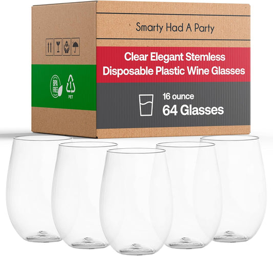 Smarty Had A Party 16 oz Clear Stemless Plastic Wine Glasses, Unbreakable Disposable Drinkware for Weddings, Parties, and Events, Bulk Set (64 Count)