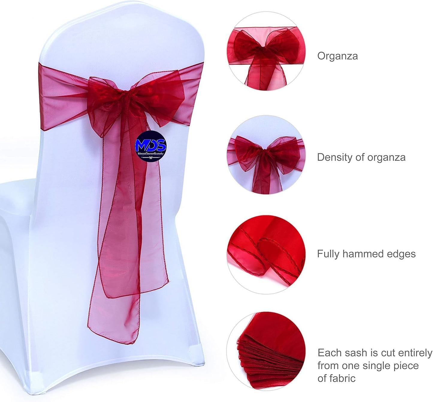 MDS Pack of 200 PCS Organza Chair Sashes Wider Dining Chair Bows Ribbon Tie Back for Wedding Party Birthday Bridal Shower Reception Event Banquet Home Chair Cover Decoration - Maroon