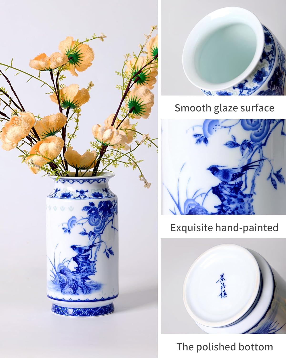 Blue and White Vintage Vase Chinoiserie Farmhouse Decorative Vases Flower Terracotta pots for Tableshelf Bookshelf Bathroom Living Room Kitchen 8.3inch