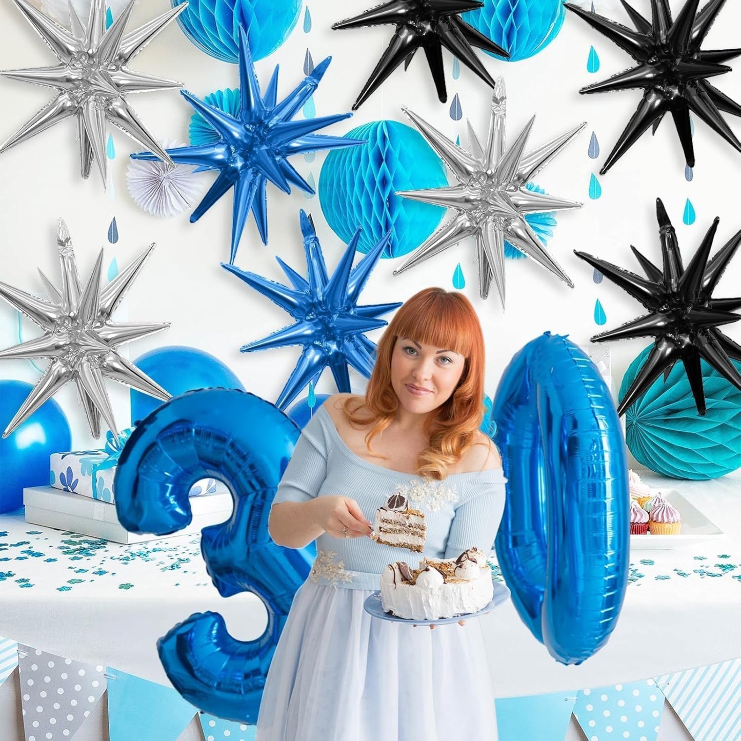 Black Blue Silver Star Balloons,9Pcs 22Inch Black Blue Silver Explosion Spike Cone Helium Polyester Film Star Foil Balloons for Birthday Anniversary Baby Shower Disco Party Decorations