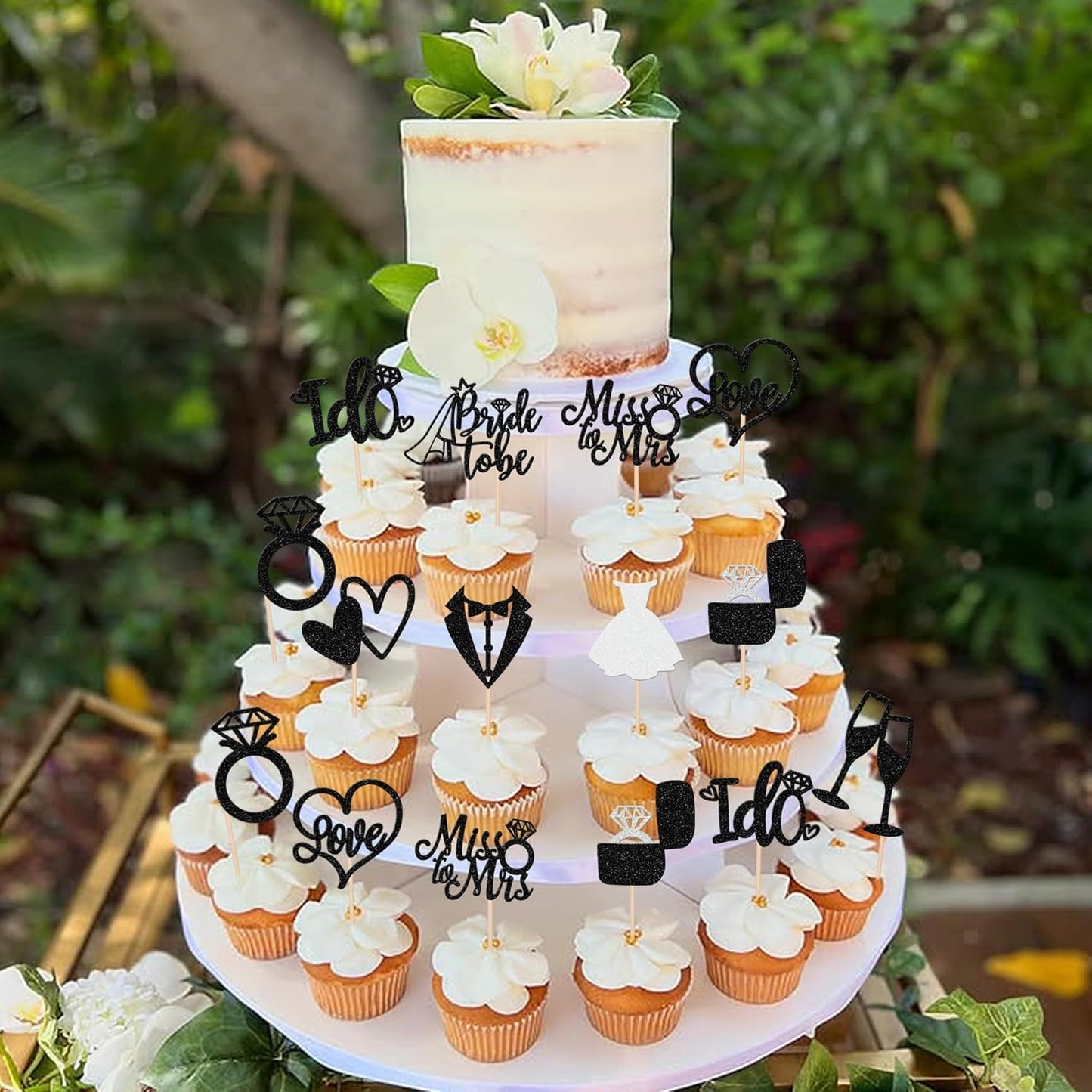 30 PCS Bride to Be Cupcake Toppers Glitter Miss to Mrs I Do Love Heart Ring Cupcake Picks Wedding Bridal Shower Cake Decorations for Wedding Engagement Bachelorette Party Supplies Black