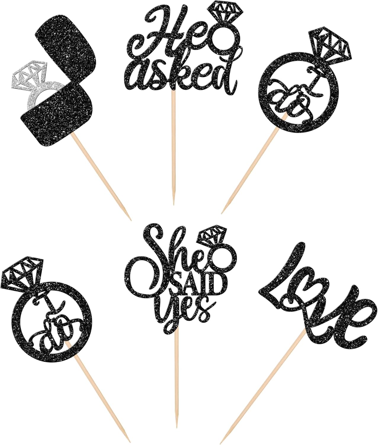 30 PCS He Asked She Said Yes Cupcake Toppers Love I Do Diamond Ring Cupcake Picks for Wedding Enaggement Bridal Shower Party Cake Decorations Supplies Black