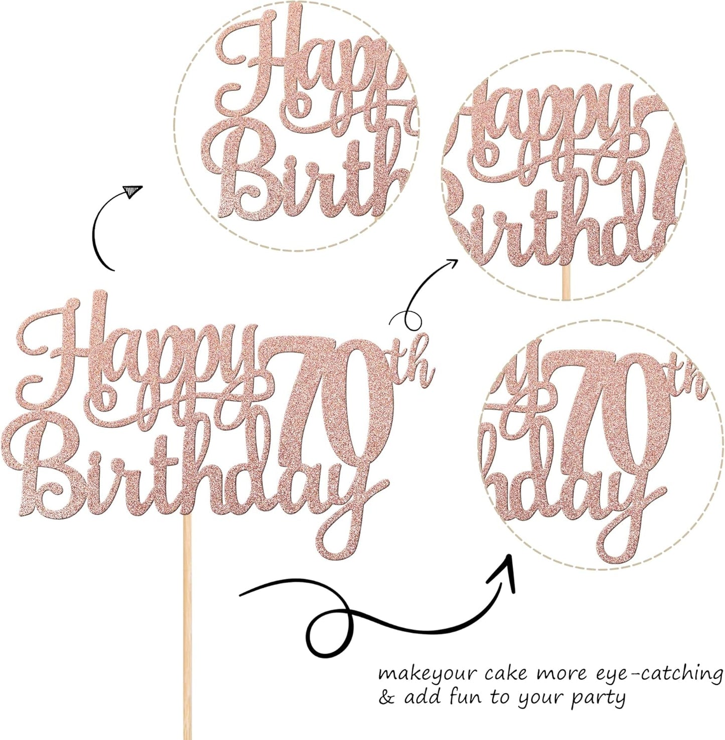 1 PCS Happy 70th Birthday Cake Topper Glitter Cheers to 70 Years Birthday Cake Pick Seventy 70 Fabulous Cake Decoration for Happy 70th Birthday Anniversary Party Decorations Supplies Rose Gold