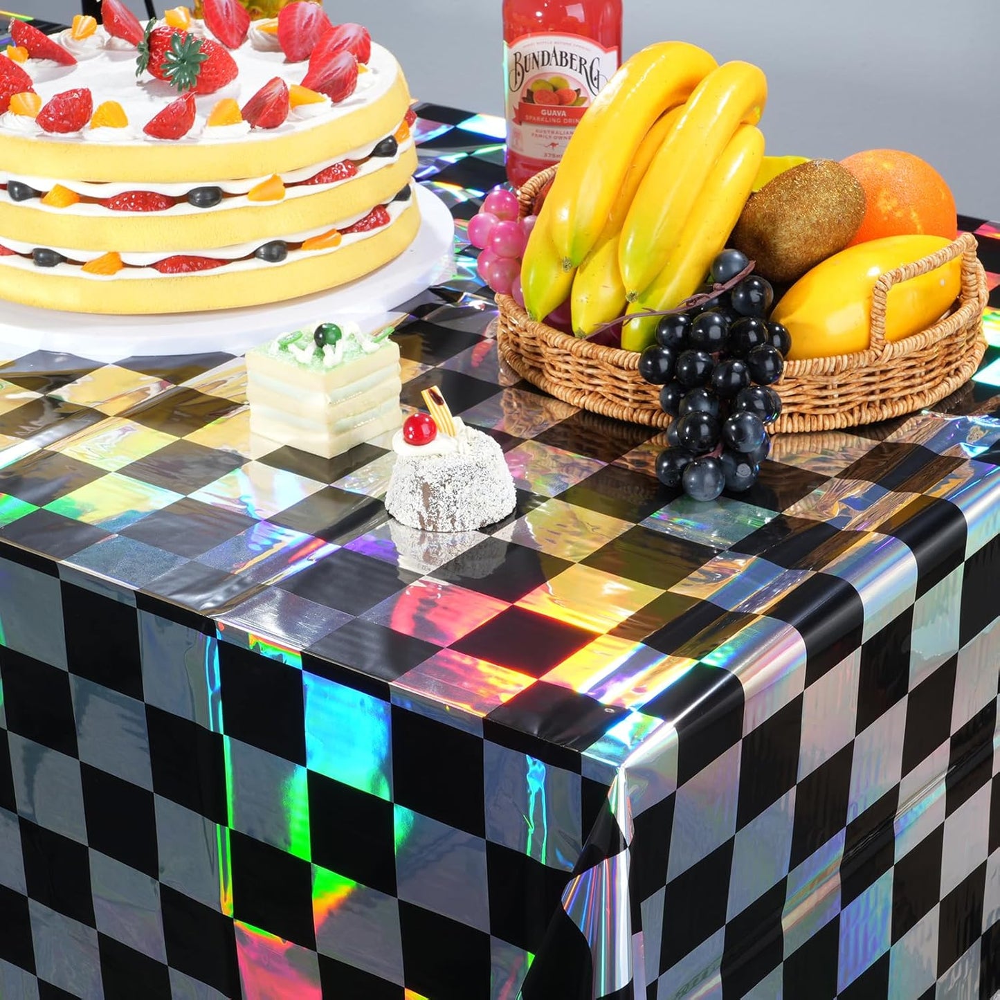 1Pack Black and Iridescent Checkered Plastic Tablecloth, Shiny Disposable Laser Rectangle Table Covers, Holographic Foil Tablecloth Iridescent Party Decorations for Picnic Camping Race Car, 54x108Inch