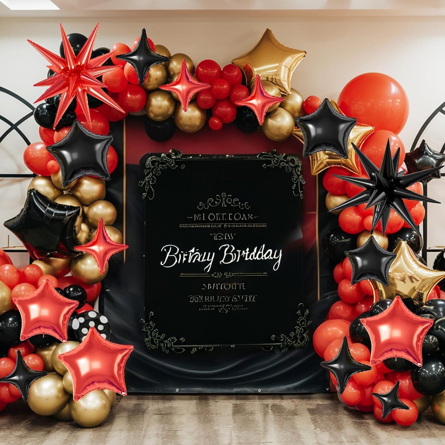 16 Pcs Red Black Star Balloons, 22/18/10 Inch Foil Balloons, Explosion Conee Four-Pointed Balloon for Kids Birthday Graduation Prom Wedding Baby Shower Casino Party Decorations