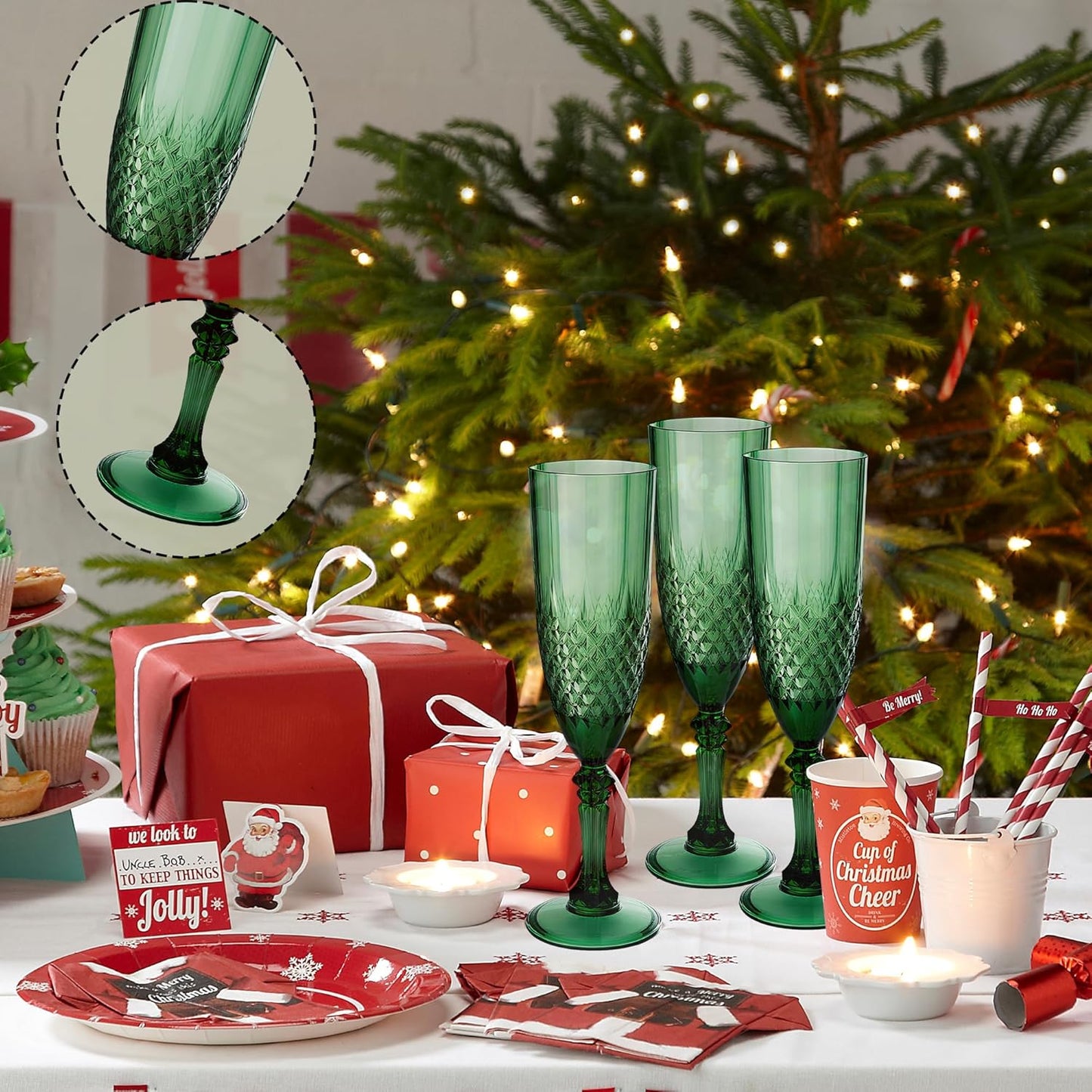 Plastic Champagne Flutes, 48PCS Dark Green Wine Glasses Goblets Cups Reusable Flute, for Christmas Weddings Bachelor Parties Toasting and Events(48, Dark Green)