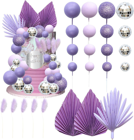 Ephlyn 33 Pack Balls Cake Toppers Boho Palm Leaves Cake Decorations Round Acrylic Happy Birthday Cupcake Toppers for Birthday Wedding Baby Shower Party Supplies Purple