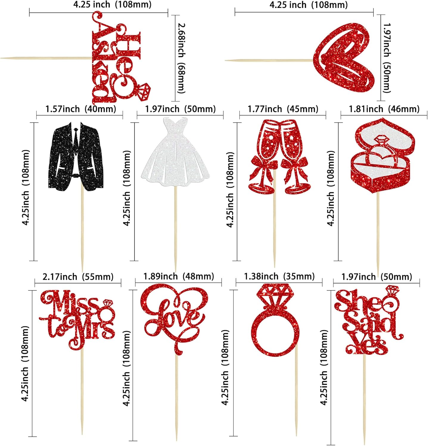 Gyufise 30Pcs She Said Yes Cupcake Toppers Glitter Diamond Ring I Do Love Cupcake Picks Miss to Mrs He Asked Bridal Shower Wedding Engagement Bachelorette Cake Decoration Red