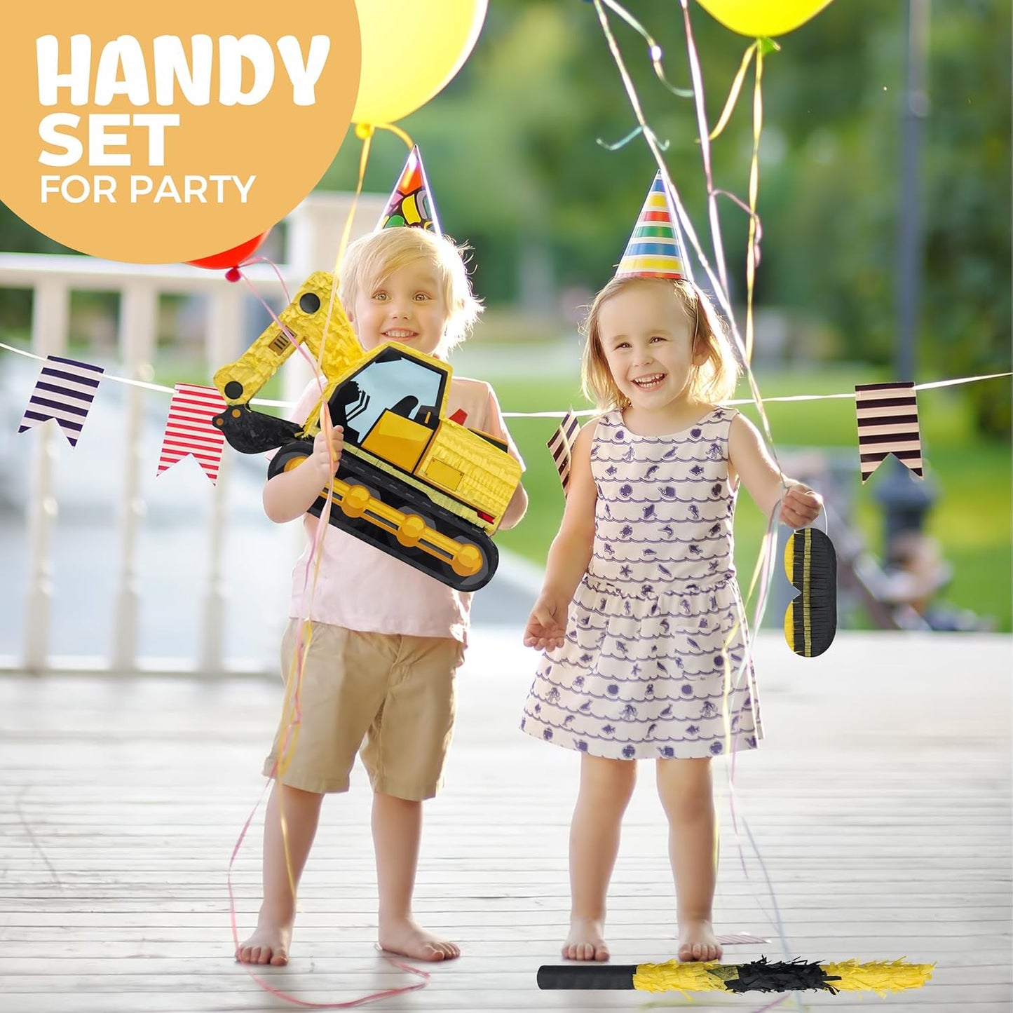 Excavator Pinatas Bundle with a Blindfold and Bat (16.5x11x4.7 inch), Pinata for Construction Theme Birthday Parties, Boys Birthday Party Supplies, Decoration