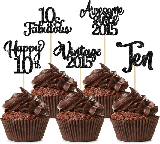 30Pcs Happy 10th Birthday Cupcake Toppers Glitter Ten Vintage 2015 Cupcake Picks Cheers to 10 Fabulous Cake Decorations for 10th Birthday Wedding Anniversary Party Supplies Black