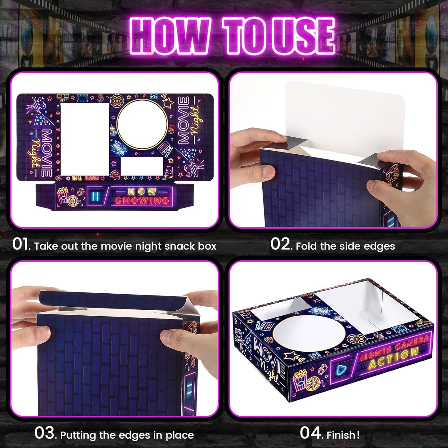 Faccito 36 Pcs Movie Night Snack Trays Movie Theater Snack Boxes Night Supply Disposable Paper Holder Tray for Popcorn Food Candy Drink Party 8 x 6 Inch(Black Purple,Classic Style)