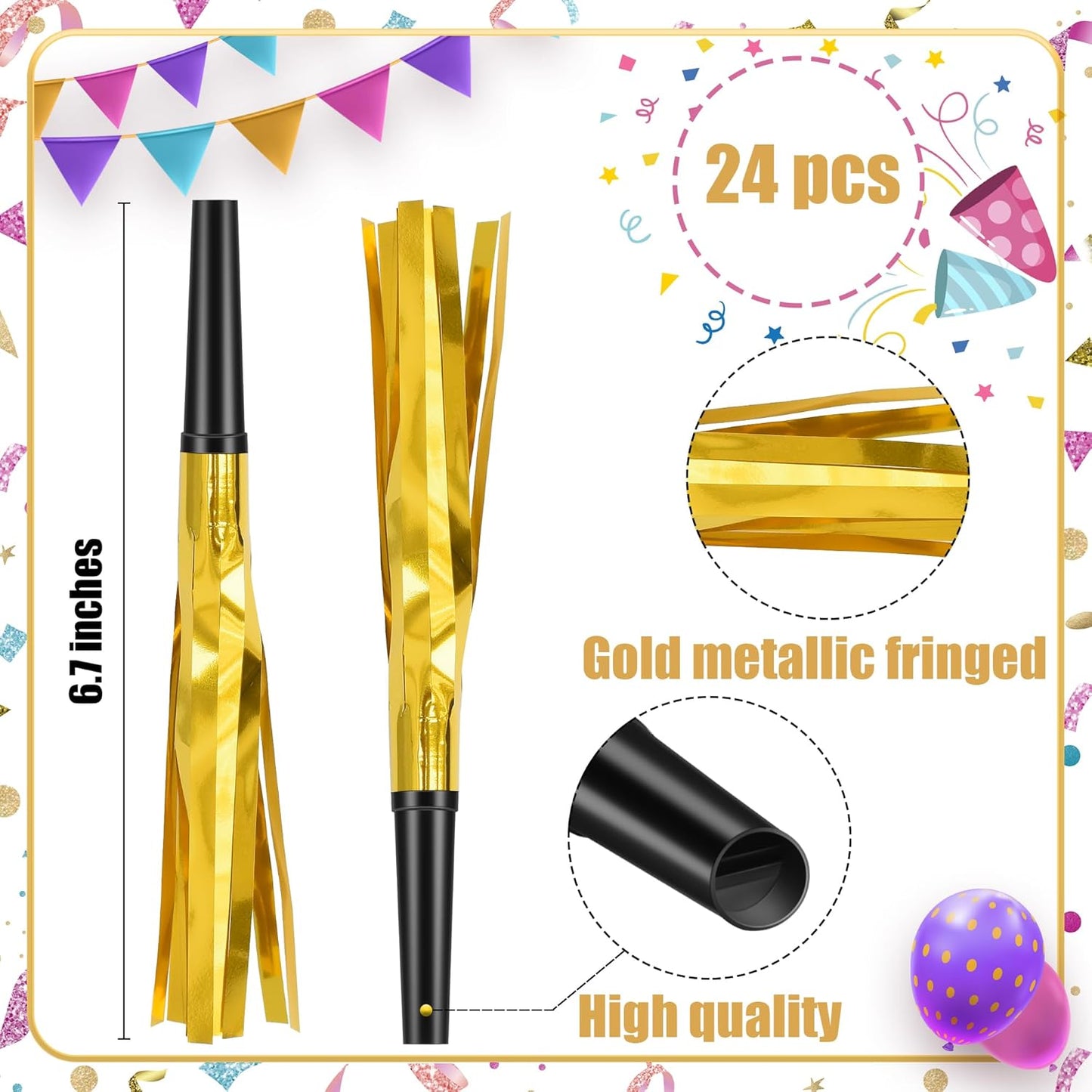 24 Pcs Glitter Noise Makers Metallic Fringed Party Blower for Adults Birthday Graduation New Years Party Favors Supplies (Gold)