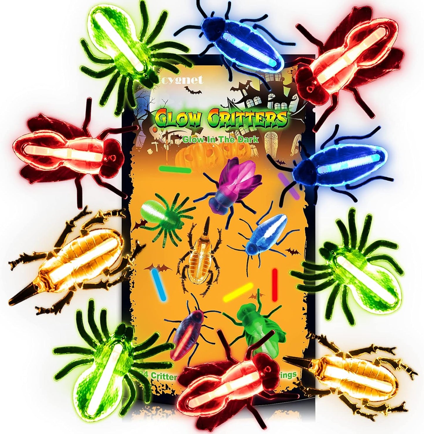 82 Pcs Glow Critters For Halloween Party Favor, Include Glow Bugs and Mini Glow Sticks, Glow in the Dark Party Toys Set for Kids, Trick or Treating Goodie Supplies, School Classroom Game Prizes