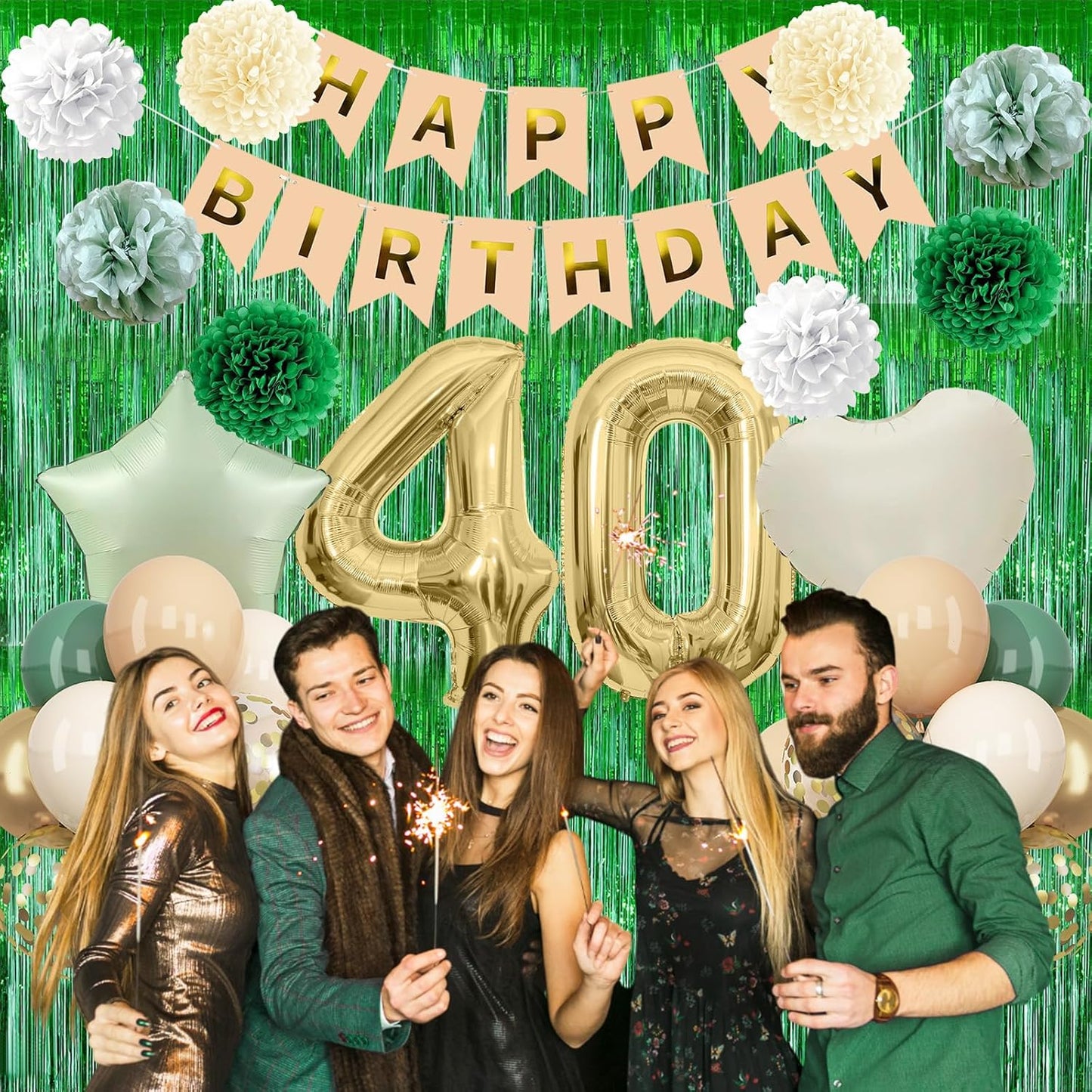 Sage Green 40th Birthday Decorations for Men Gold Number 40 Balloon Nude Gold Happy Birthday Banner Fringe Curtain Paper Pom Poms Olive Green Cream White Sand Star Foil Balloons Party Decor