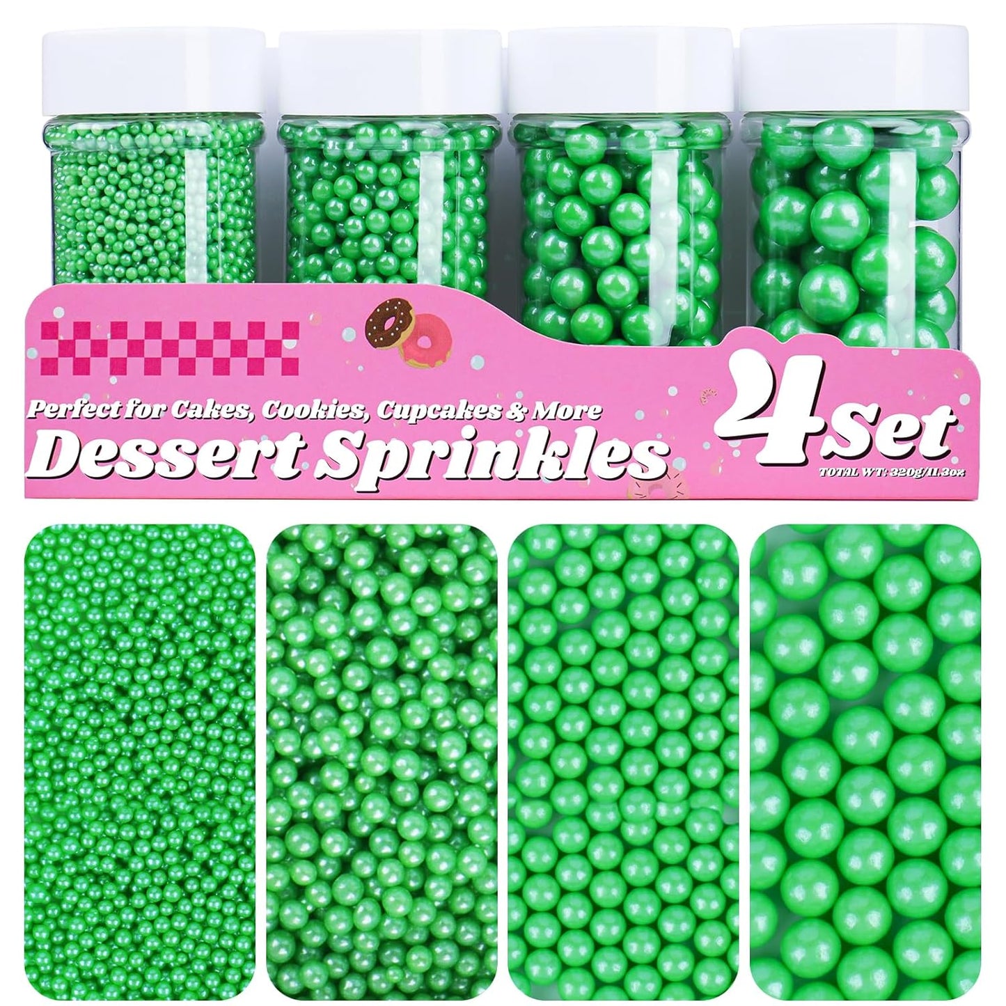 Green Pearl Sprinkles for Cake Decorating, 11.3 Oz Edible Pearls Sugar 4 Sizes Gift Box Set for Baking Cookie Ice Cream Cupcake Toppings