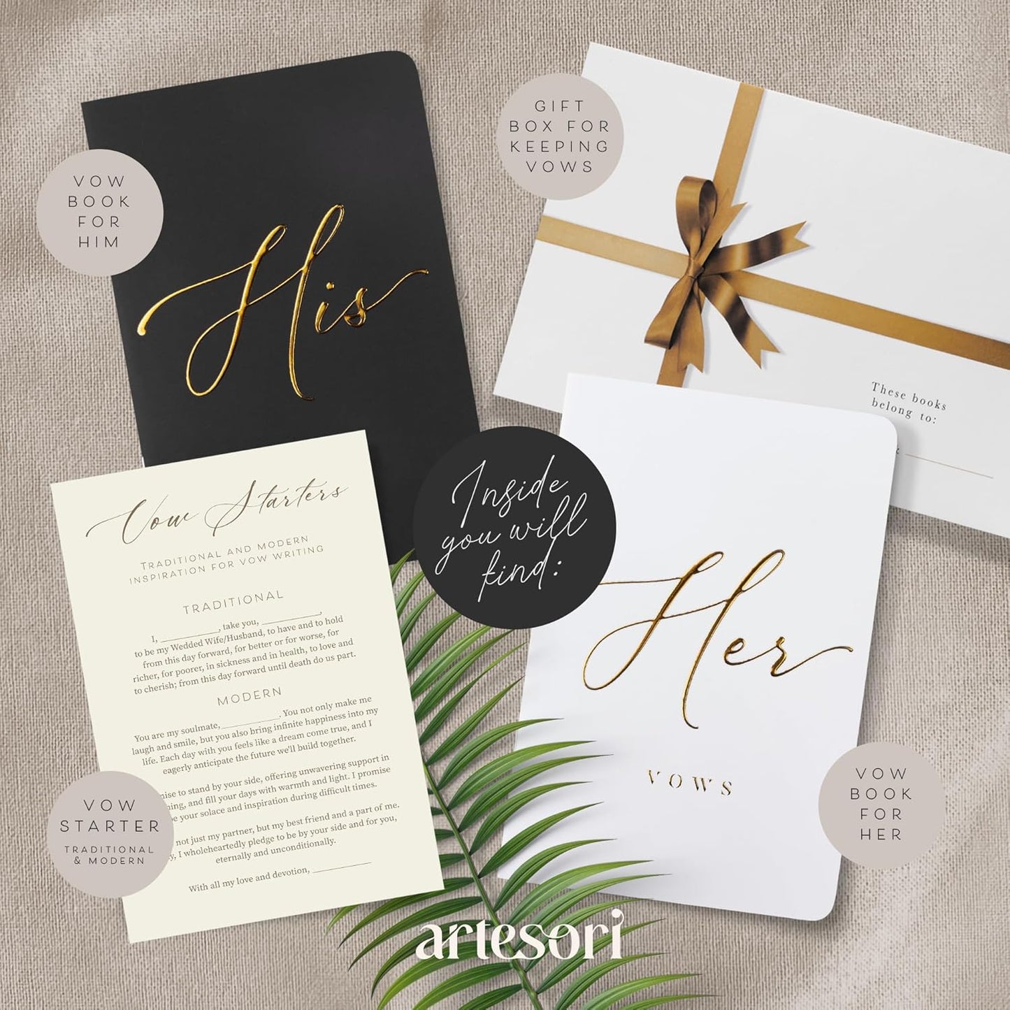 ARTESORI Premium Wedding Vow Book for Her & Him, Soft Touch, Gold Foil, 28 Lined Pages, Wedding Vow Books His and Hers, Wedding Essentials, Wedding Registry Ideas, His and Hers Gifts [White & Black]