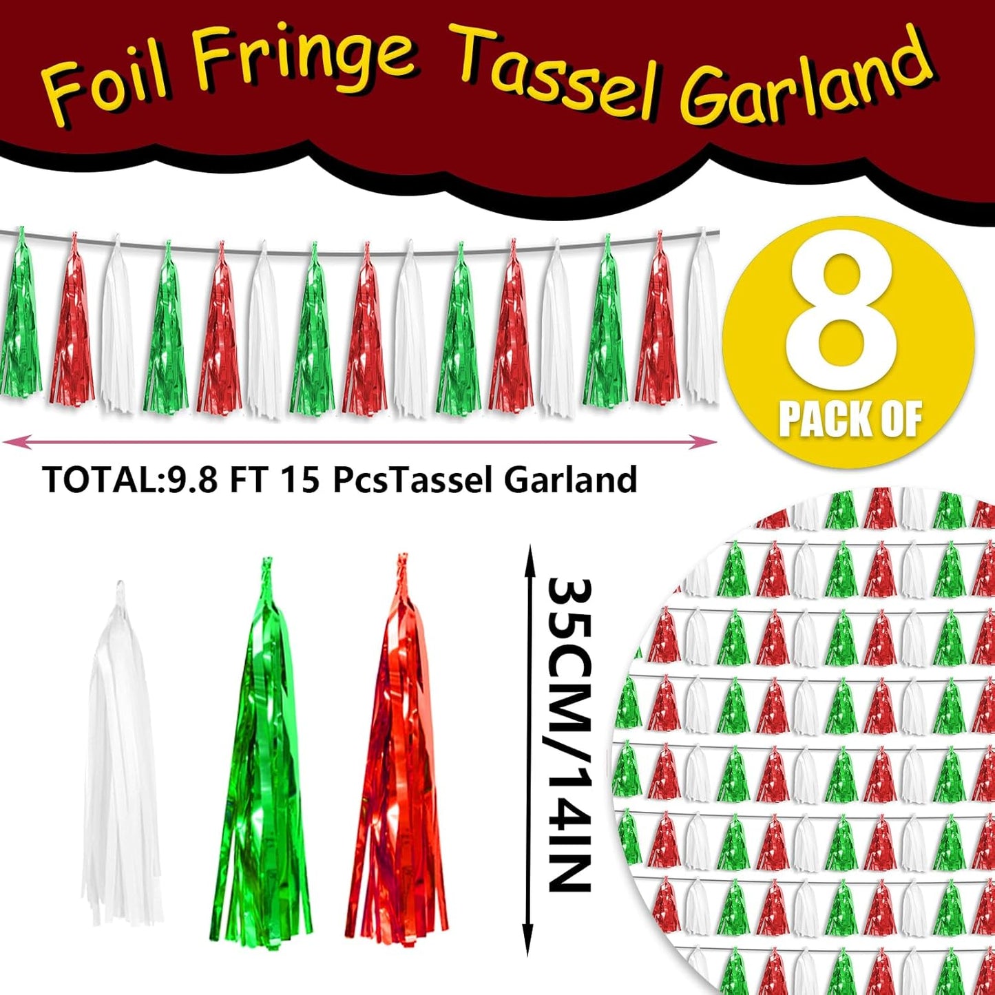 8P Red Green White Foil Fringe Metallic Tassel Streamers Banner Tassel Garland for Parade Floats, Graduation, Wedding, Birthday, Halloween, Christmas, Mexican Italian Birthday Party Decorations