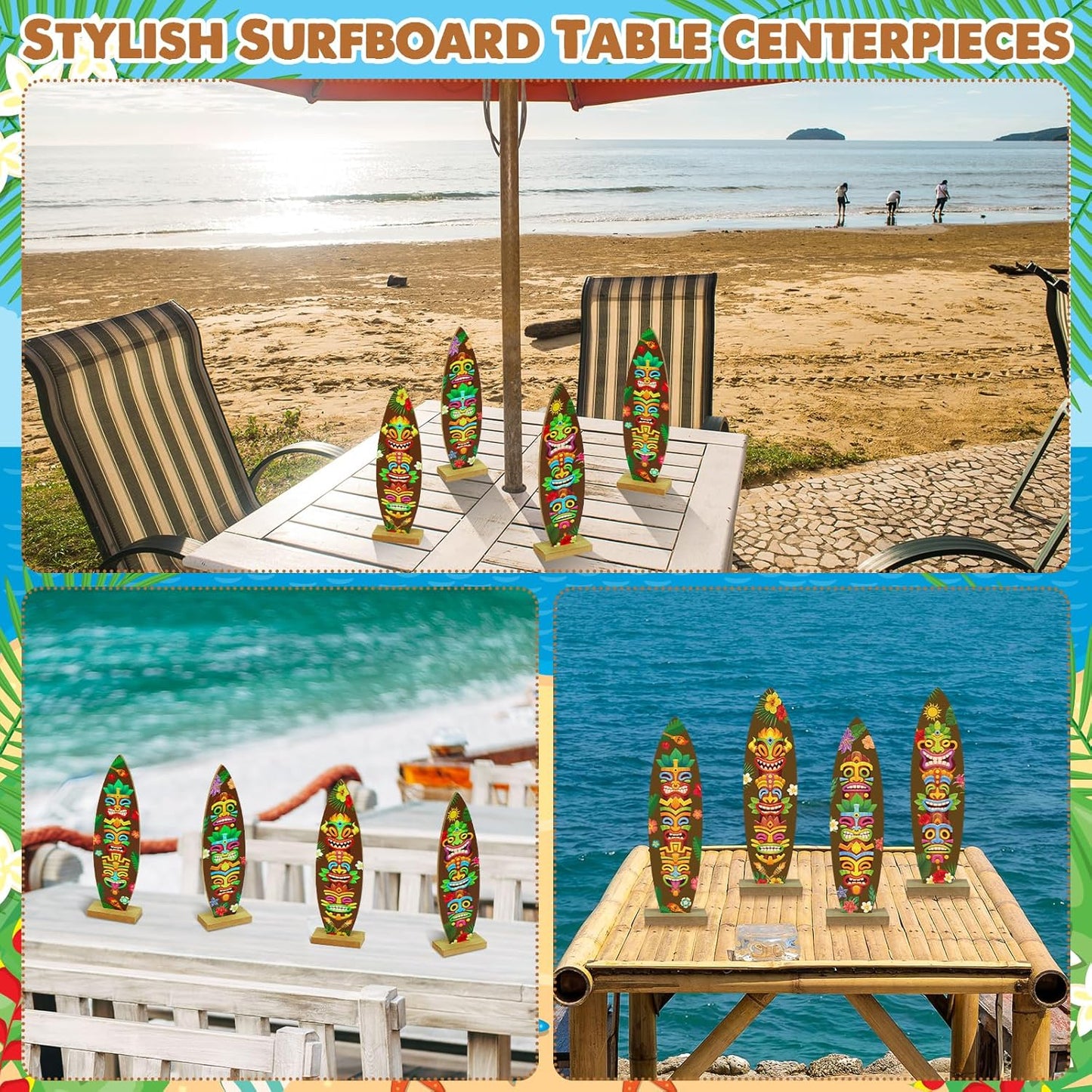 4 Pcs Surfboard Decorations for Party Welcome to Paradise Sign Tropical Bar Table Centerpieces Surfboard Beach Signs for Home Summer Theme Wood Tropical Birthday Party Decor(Tiki Style)