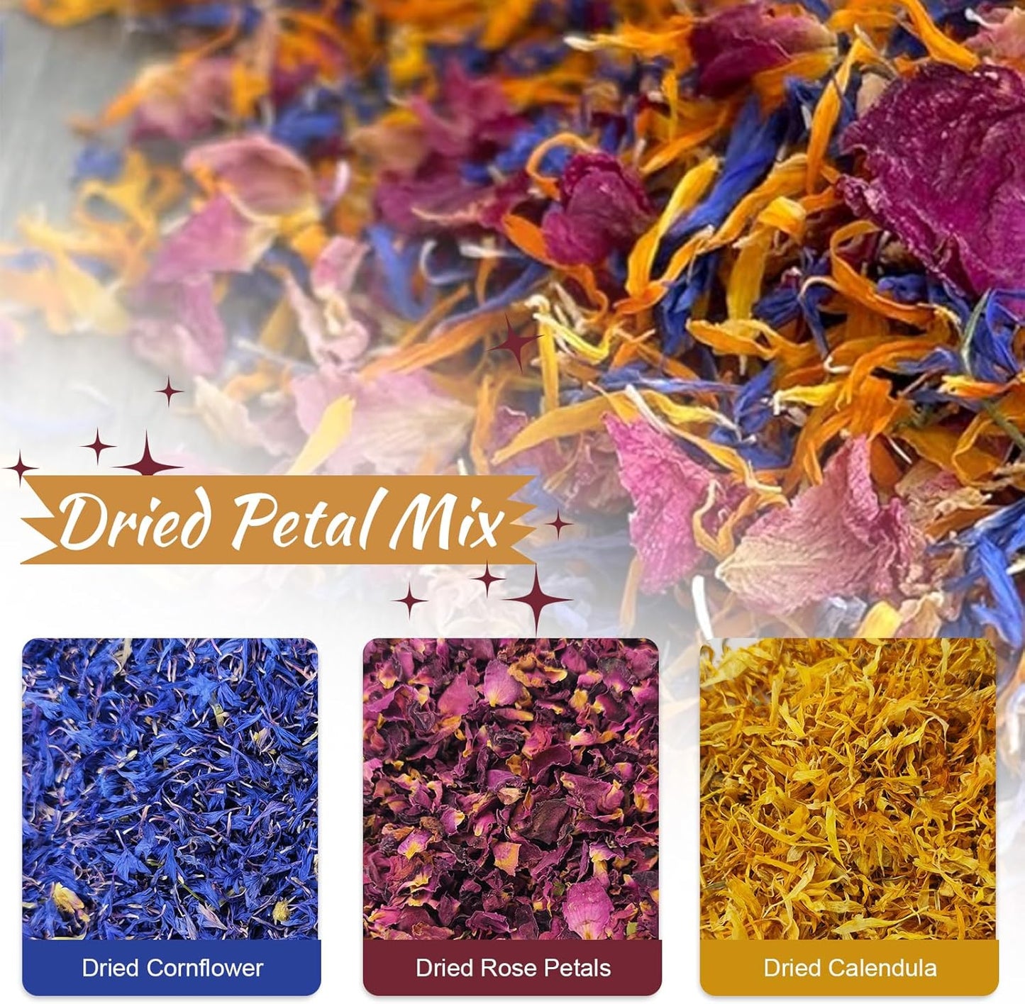 Dried Flower Petals Blend 1oz Natural Dried Rose Petals, Calendula, Cornflower for Cake Decorations, Crafts, Confetti