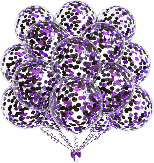50pcs Purple and Black Foil Confetti Balloons,12 inch Latex Balloon with Purple Black Confetti Inside for Halloween Party Decorations