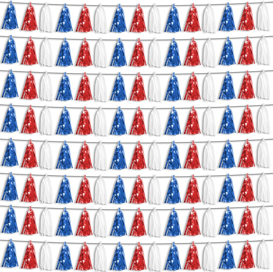 8P Red Blue White Foil Fringe Metallic Tassel Streamers Banner Tassel Garland for Parade Floats, Bachelorette, Wedding, Birthday, Halloween, Christmas, Bridal/Baby Shower Party Decorations