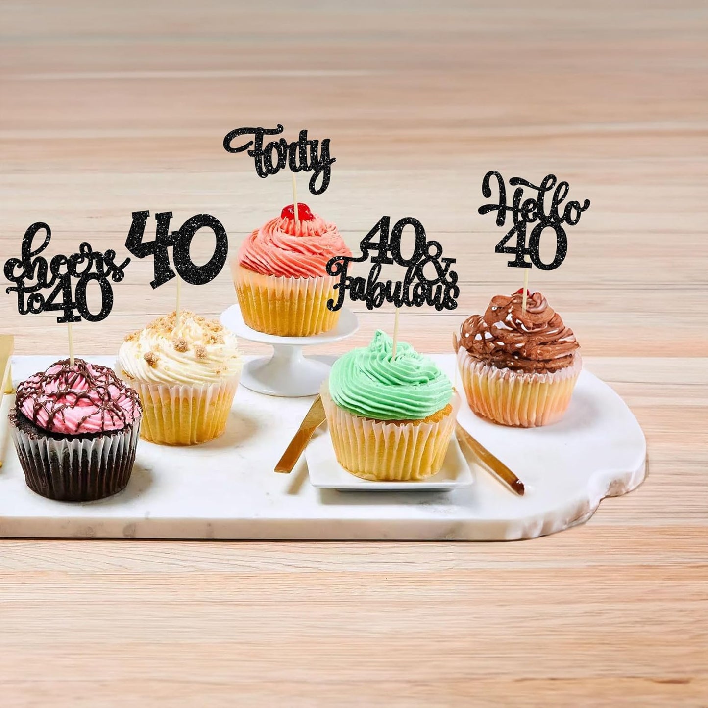 30pcs Happy 40th Birthday Cupcake Toppers - Black Glitter Forty Cheers to 40 Years Old Cupcake Picks for Anniversary Party Cake Decorations
