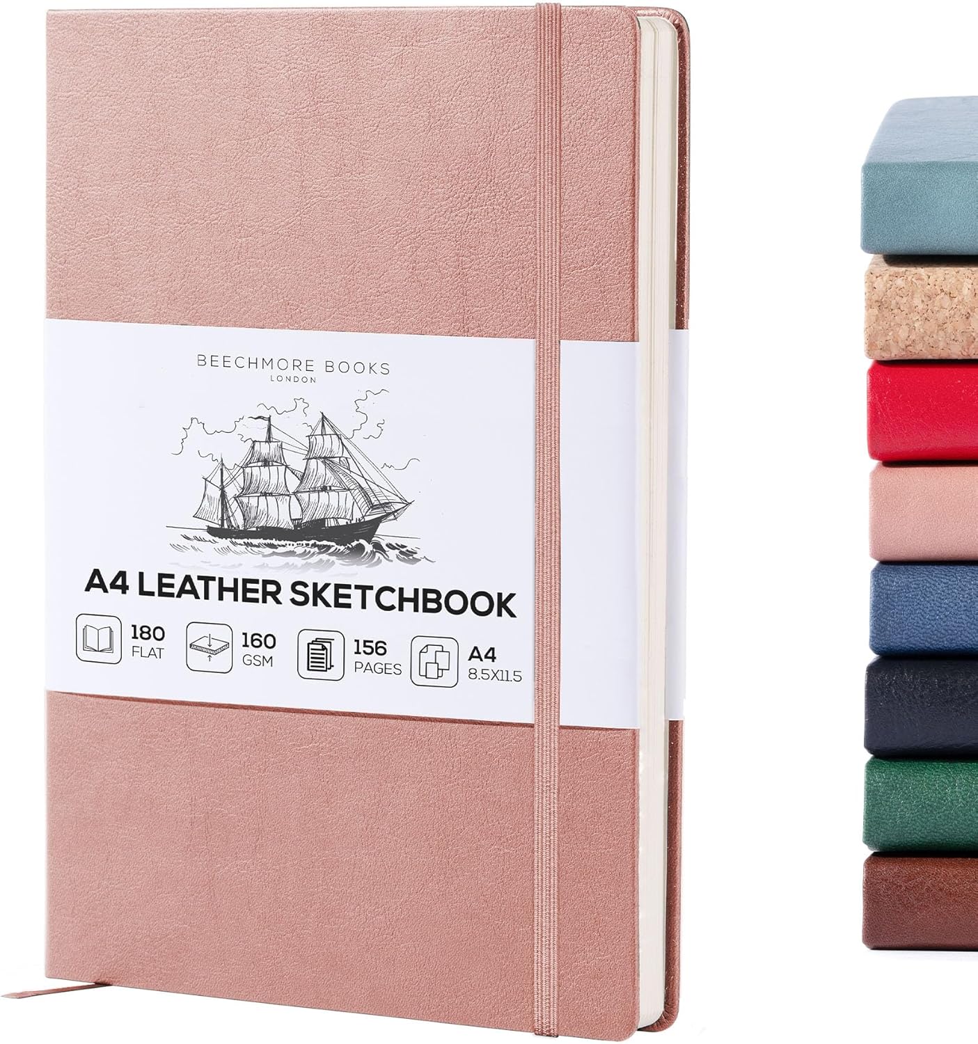 Beechmore Books A4 Sketchbook – 8.5x11 Premium Vegan Leather Bound Large Sketch Book Hardcover with 156 Thick 160gsm Perforated Ivory Pages, Blank Sketch Pad, Gift Boxed, Back Pocket, Ribbon Bookmark