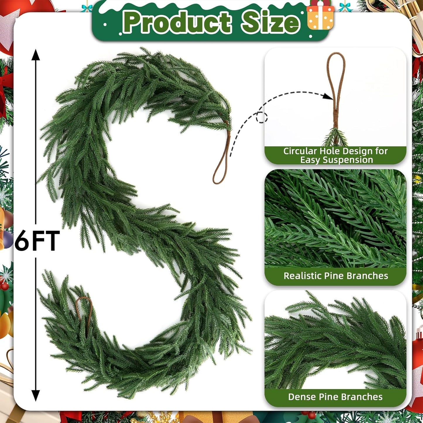 2 Pcs Christmas Garland 6 FT Artificial Norfolk Pine Garland for Winter Decoration, Realistic Green Garland Christmas Greenery for Mantle, Table, Wall, Indoor Outdoor Decor (120 Branches)