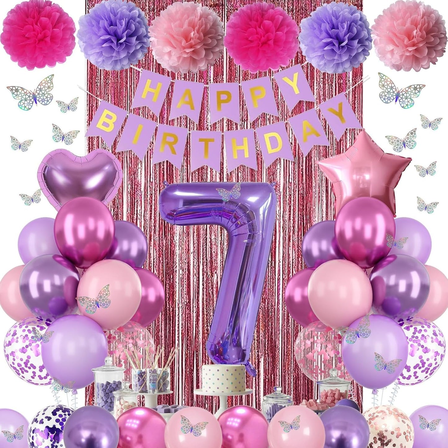 Pink Purple 7th Birthday Party Decorations for Girls Number 7 Balloon Happy Birthday Banner Butterfly Stickers Fringe Curtain Paper Pom Poms Metallic Hot Pink Star Foil Balloons 7 Year Old Princess