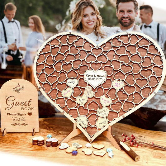 Wedding Guest Book Unique Wooden Heart Alternative GuestBook Bridal Shower Wedding Decoration with 83 Wooden Hearts 1 Sign Pen Set (Reddish Brown)