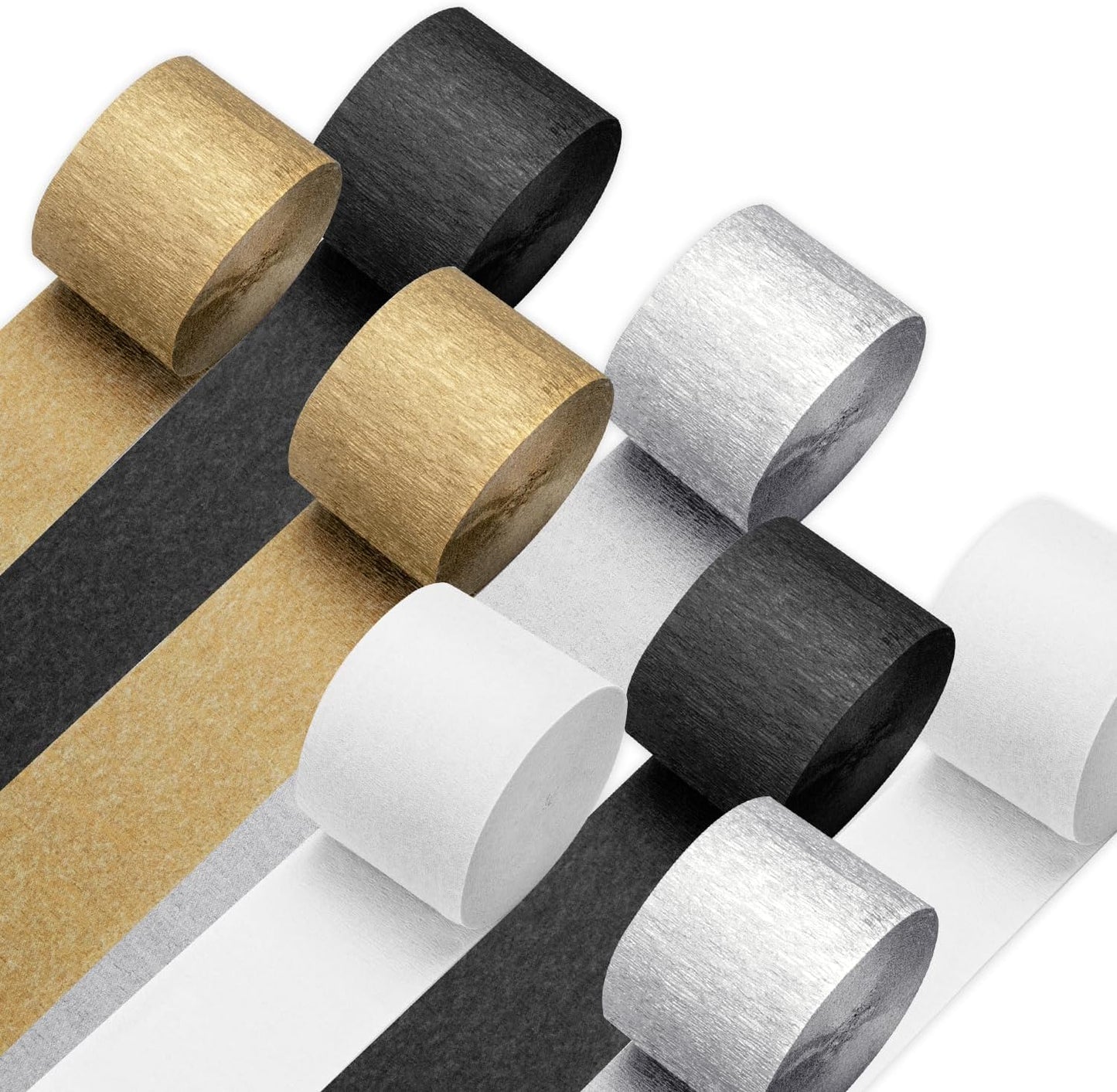 Crepe Paper Streamers 8 Rolls 656ft, Pack of Silver, Black, White and Gold Party Streamers for Christmas Birthday Wedding Baby Shower Backdrop New Years Eve Decorations (1.8Inch x 82Ft/Roll)