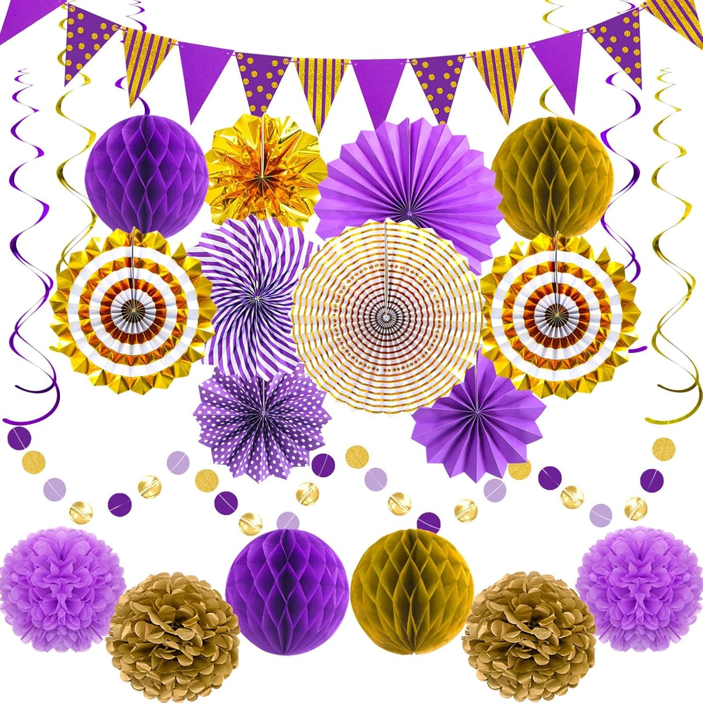 Purple Gold Party Decorations Paper Fans, Graduation Season Hanging Glitter Triangle Flags Banner Hanging Paper Fan Happy Birthday Banners and Triangular Flag, Bridal Shower,Purple Themed Birthday